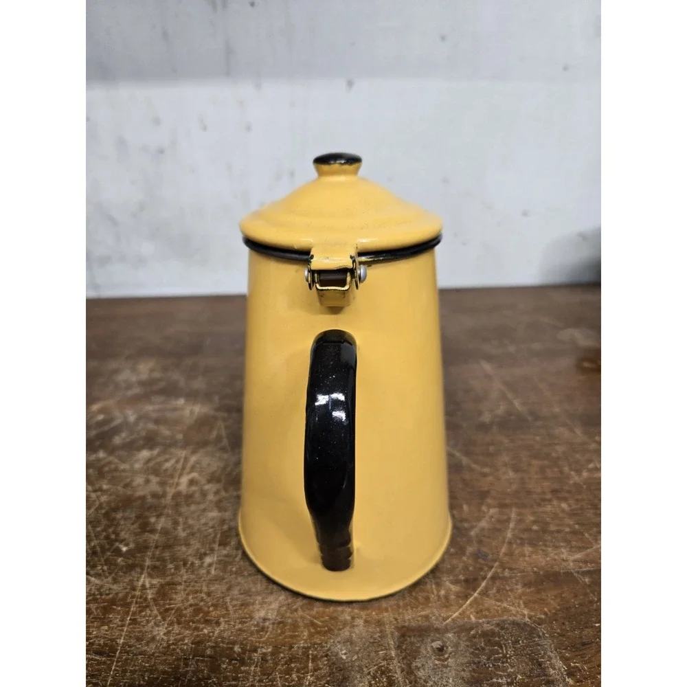 Vintage Huta Silesia Poland Yellow Enamelware Coffee Pot Kettle Black Trim